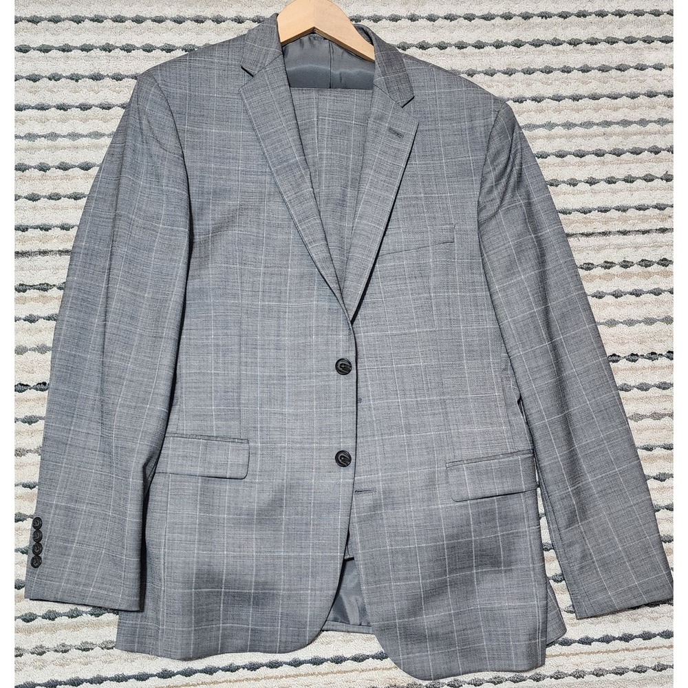 Jos A Bank Mens 1905 Grey Windowpane Slim Fit Wool Stretch 2 Button Suit Sz 42 L